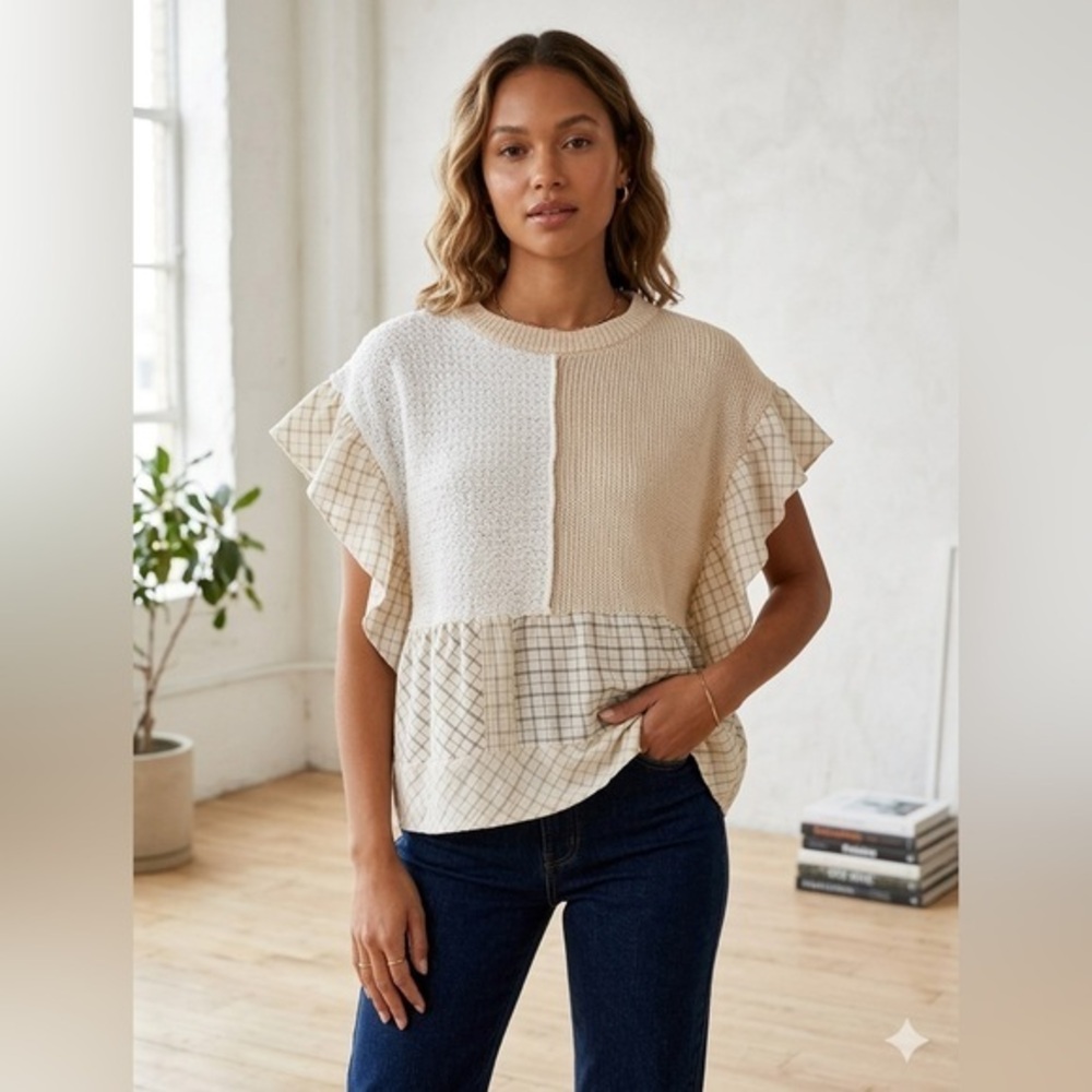 Anthropologie Versona Women’s X Small Cream Check Knit Sweater Top Lagenlook XS